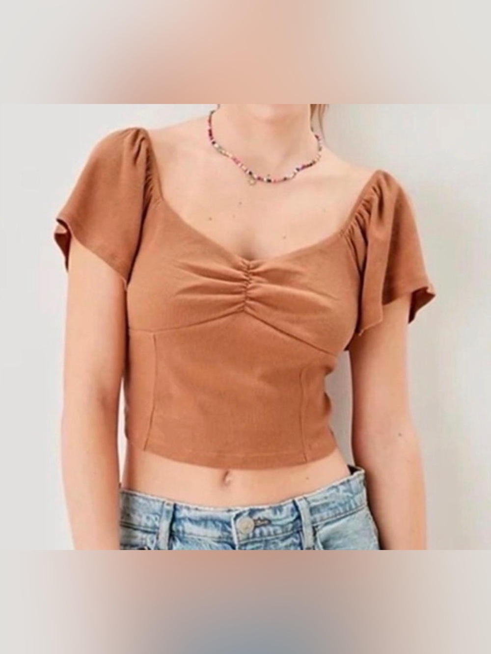 American Eagle Ribbed Crop Top Small Brown Flutter Sleeve Milkmaid Feminine